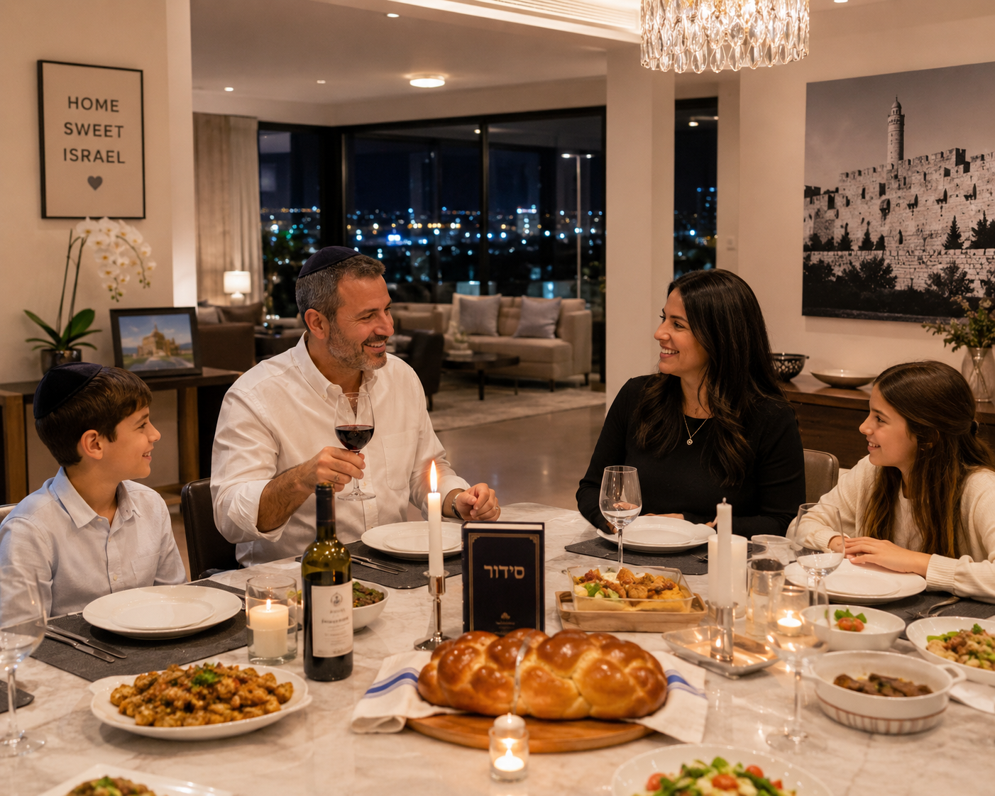 Jewish family Shabbat dinner in Israel apartment